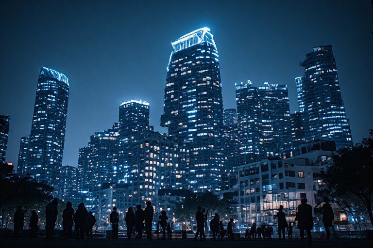 City towers lit up at night above residents gathered on the street