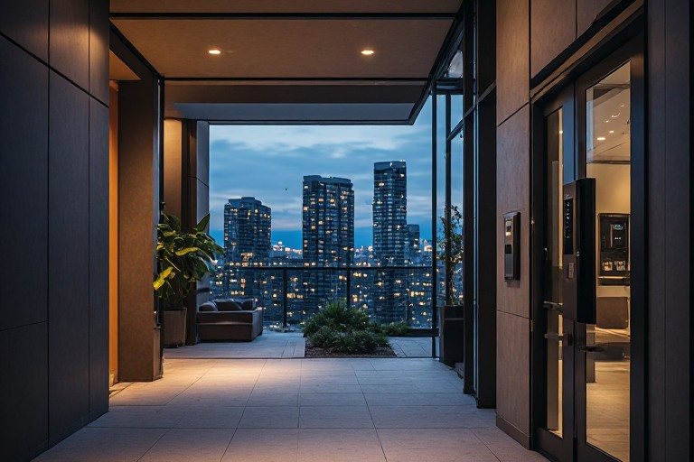 Covered condo entrance corridor with a view of the city at dusk
