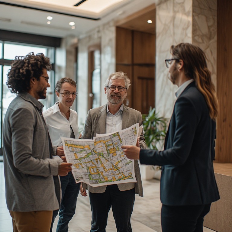 A certified Condoplex dealer reviewing a site plan with property managers in a building lobby