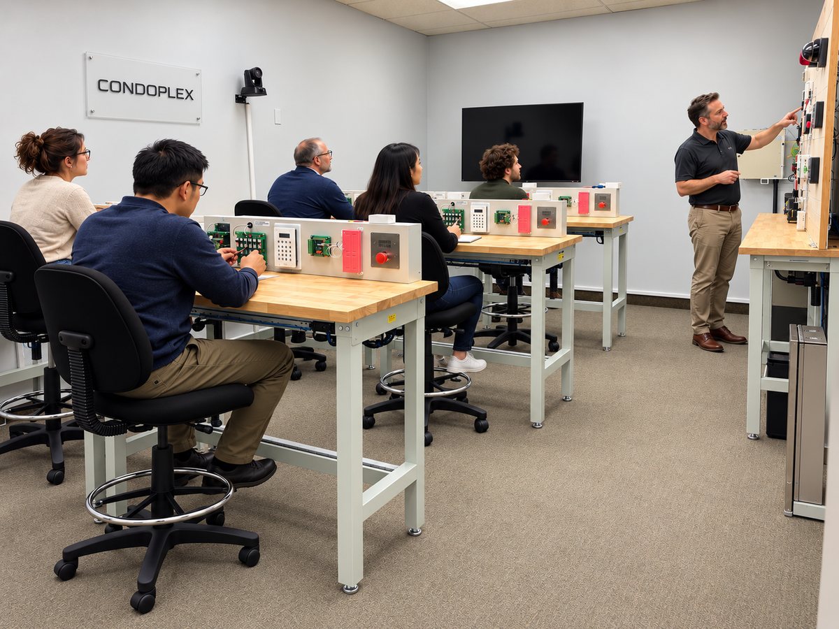 Dealers working at hands-on install benches while a Condoplex trainer demonstrates on the system wall