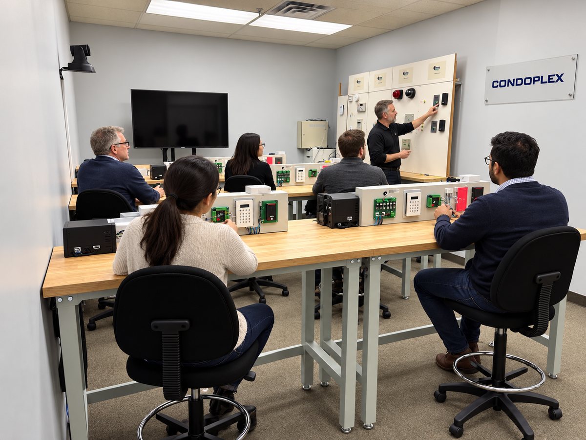 Condoplex dealer training session with a trainer at the system demo wall