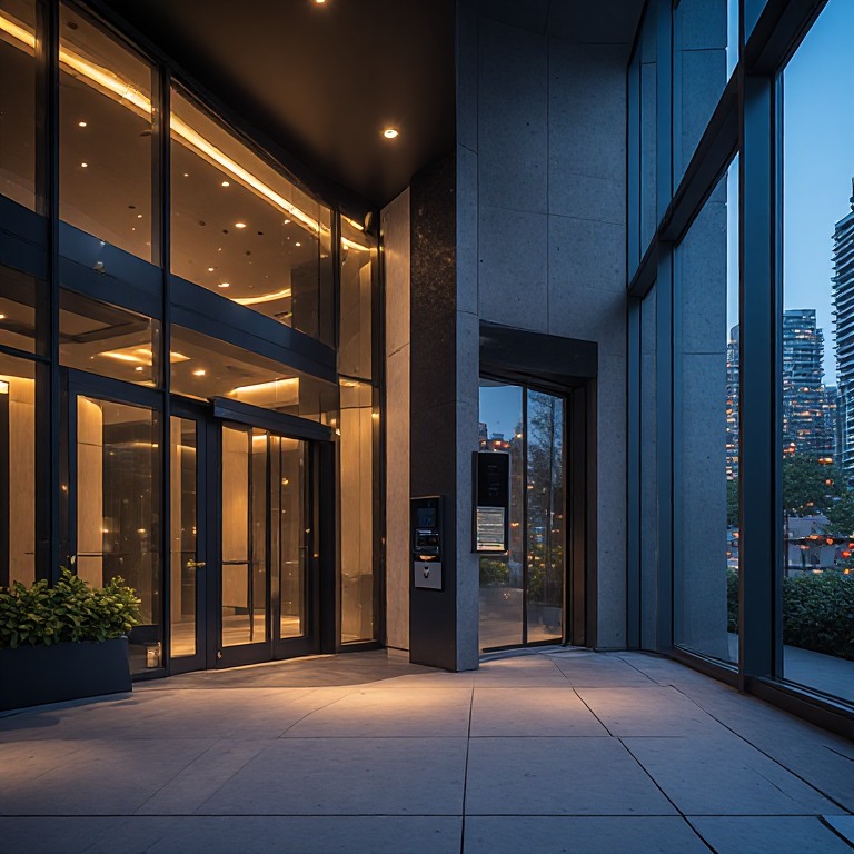 Glass lobby entrance of a residential tower at dusk with an entry panel beside the door