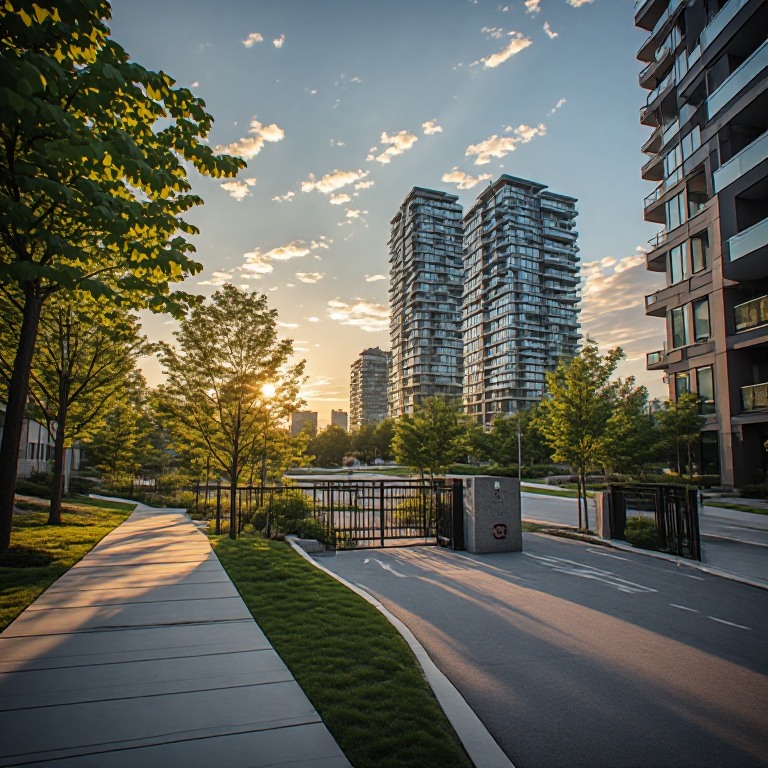 Gated vehicle entrance to a residential community with high-rise towers at sunset