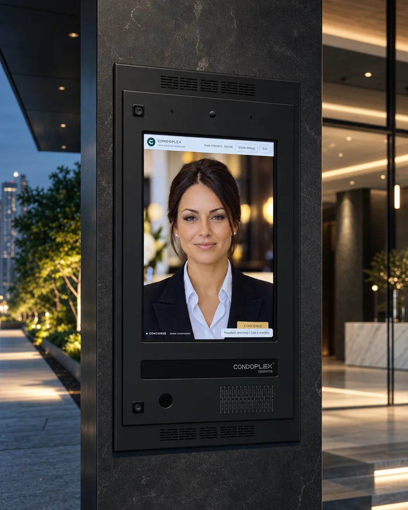 Plex AI avatar on a Condoplex entry screen at a building entrance