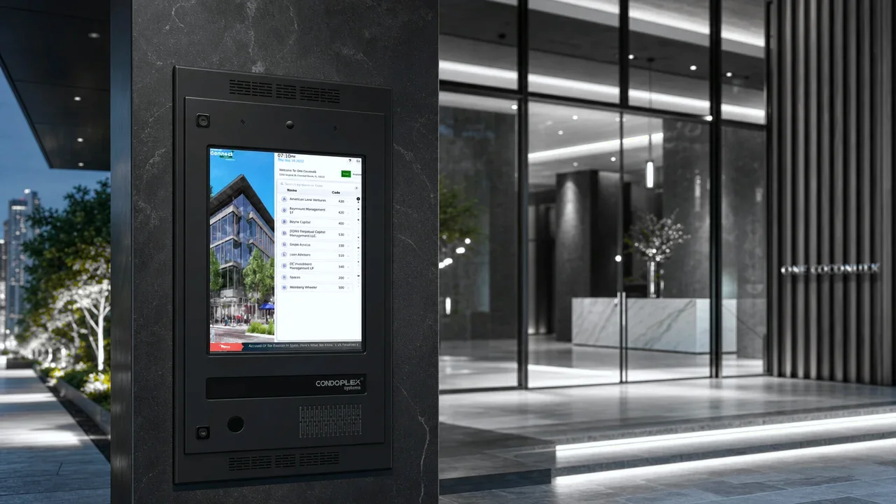 Condoplex touchscreen entry unit at a contemporary building entrance
