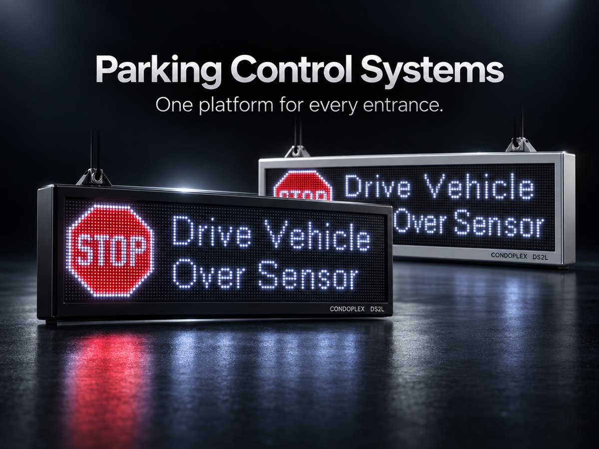 Condoplex DS2L parking display signs showing a stop message to drive the vehicle over the sensor