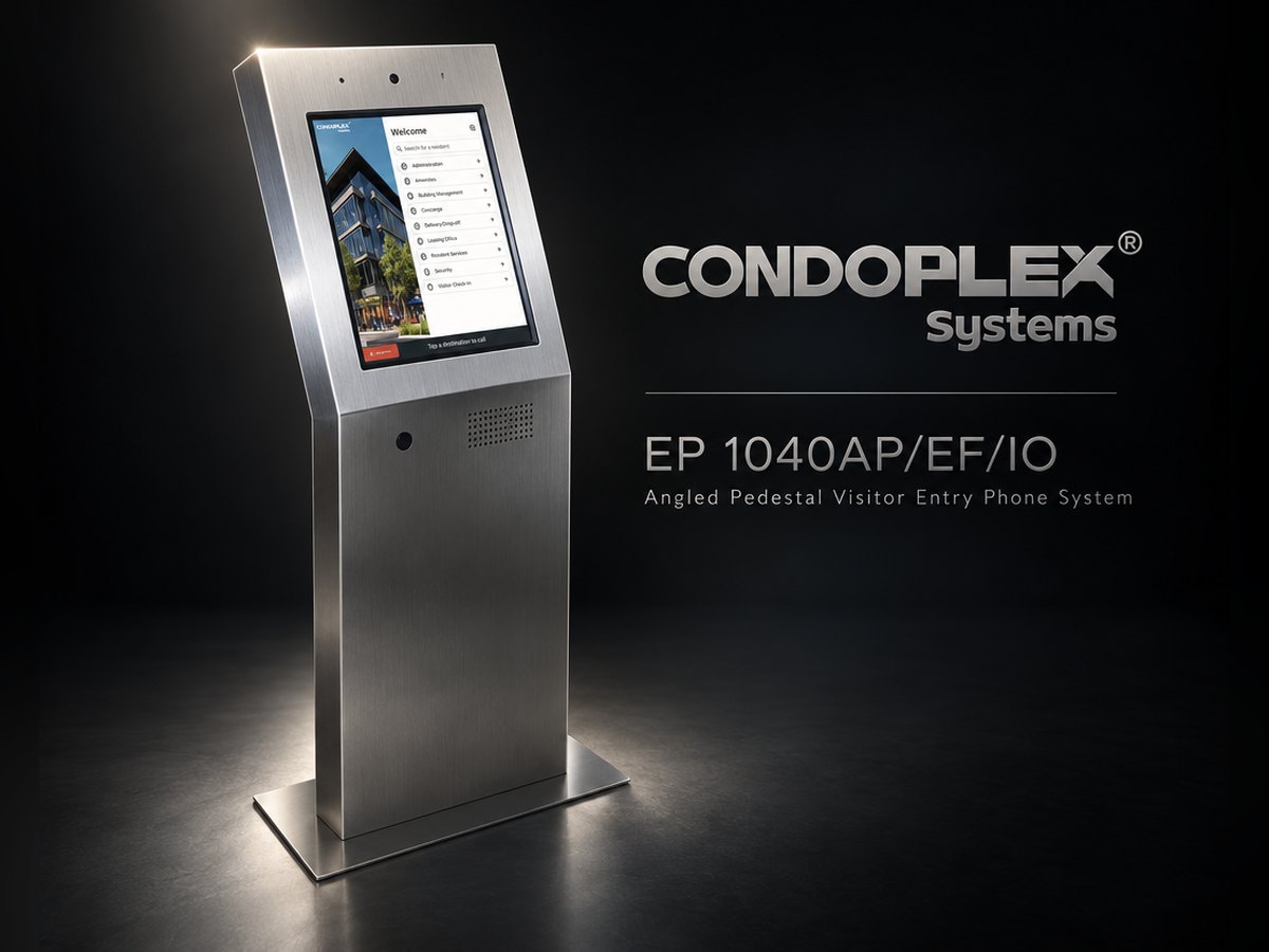 Condoplex EP1040AP angled pedestal visitor entry phone in brushed stainless steel