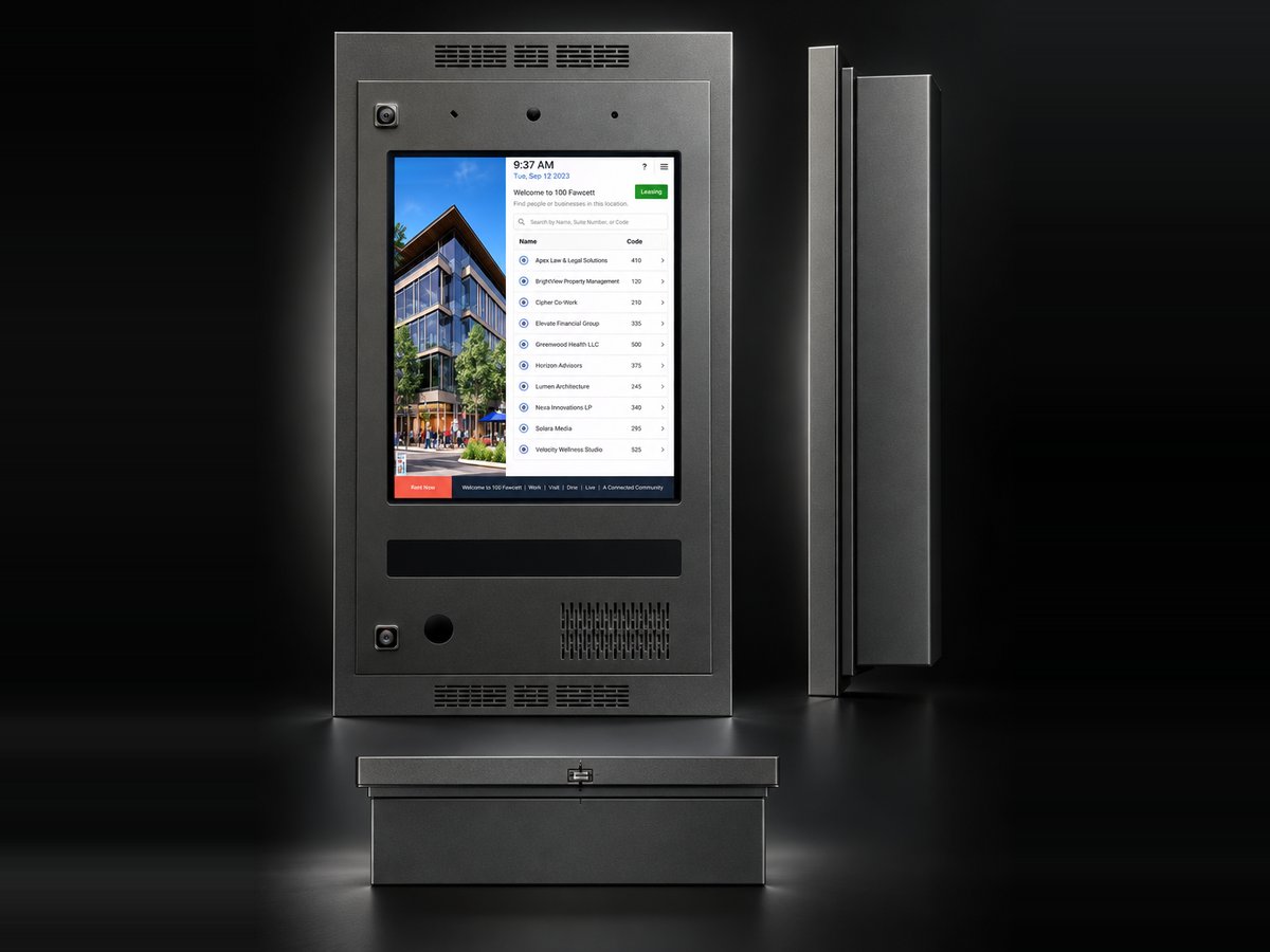 Condoplex EP1040TU wall-mount entry phone with 19-inch touchscreen, shown from the front, side and top
