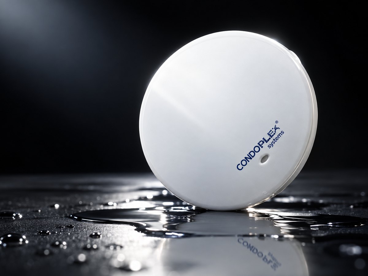 Condoplex FCSWWS wireless water leak sensor beside a puddle