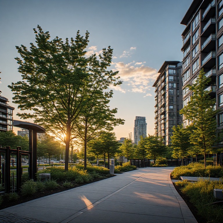 Landscaped walkway between residential towers at sunset