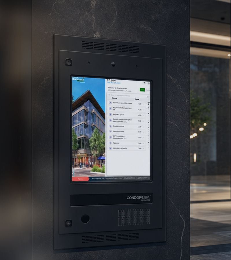 Condoplex video entry panel mounted at a building entrance at night